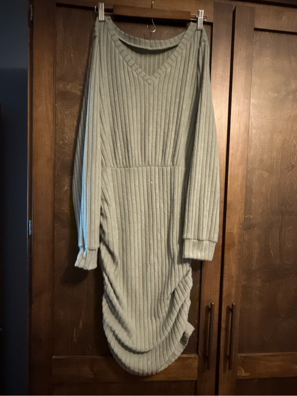 Ribbed Knit V-Neck Midi Dress in Sage Green